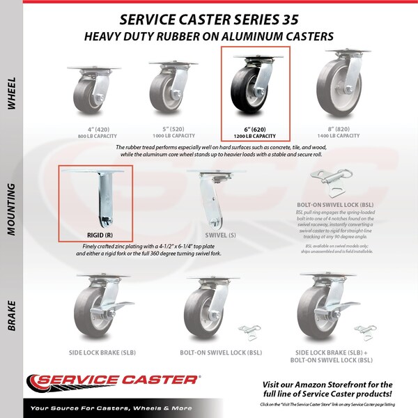 6 Inch Rubber On Aluminum Caster Set With Ball Bearing 2 Swivel Lock And 2 Rigid
